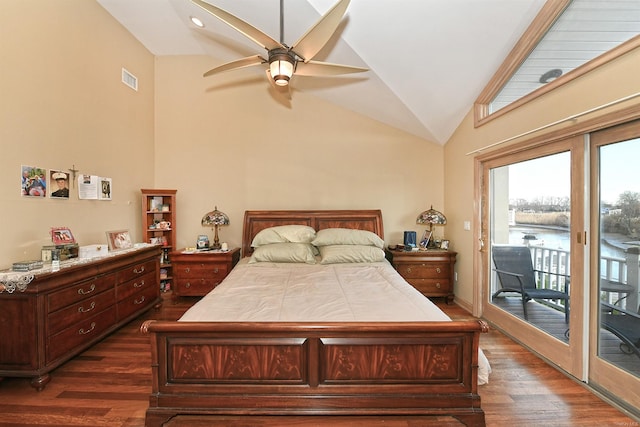 bedroom featuring lofted ceiling, access to exterior, ceiling fan, and dark hardwood / wood-style floors