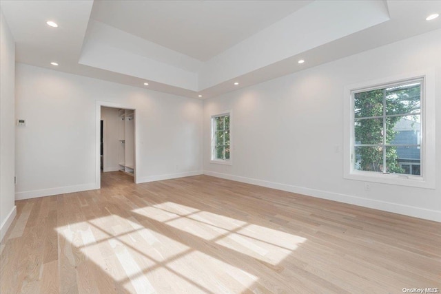 empty room with a raised ceiling and light hardwood / wood-style flooring