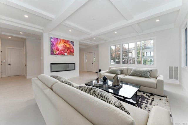 living room featuring coffered ceiling and beamed ceiling