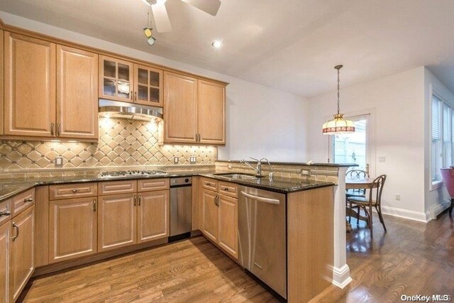 kitchen with dark hardwood / wood-style flooring, dark stone counters, stainless steel appliances, sink, and hanging light fixtures