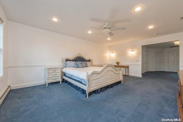 bedroom featuring dark colored carpet, ceiling fan, and a baseboard heating unit