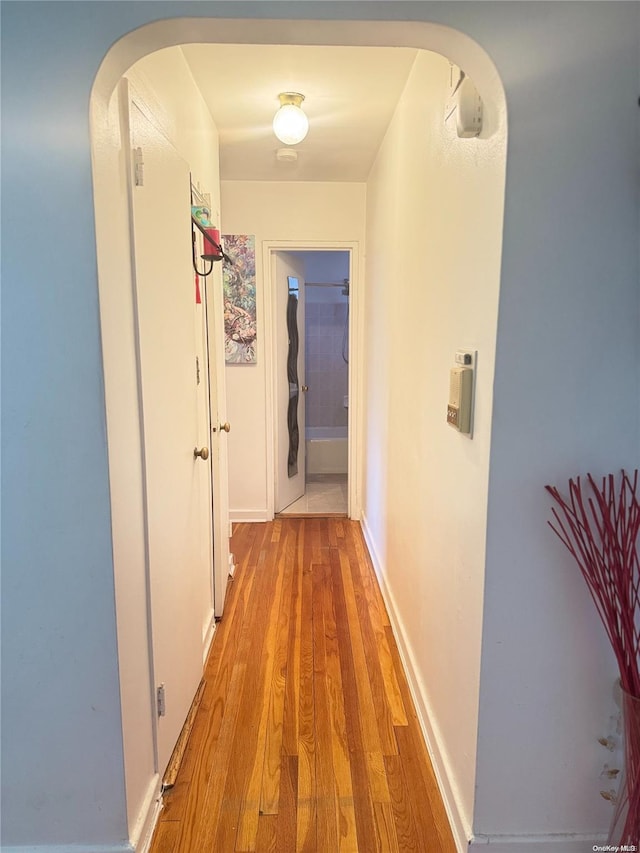 corridor with light wood-type flooring