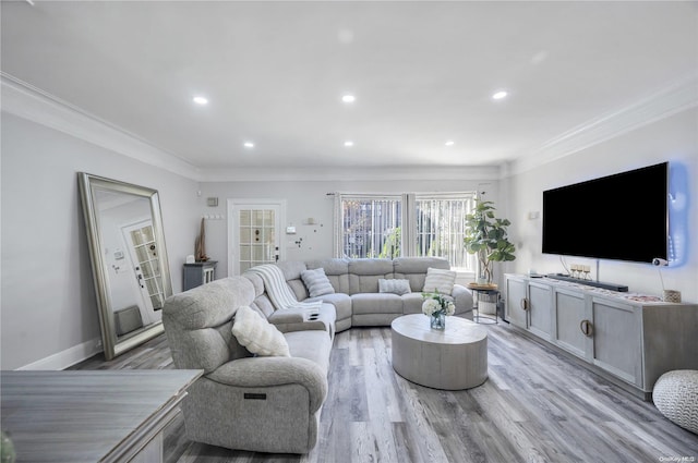 living room featuring crown molding and light hardwood / wood-style floors