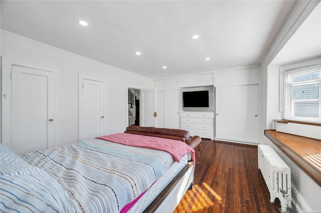 bedroom with dark hardwood / wood-style floors and radiator