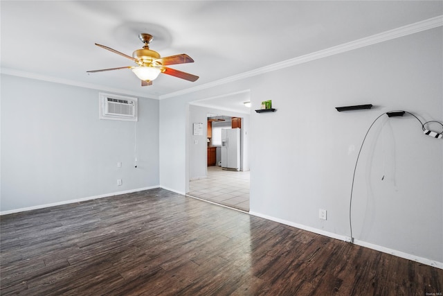 unfurnished room featuring wood-type flooring, a wall mounted AC, crown molding, and ceiling fan