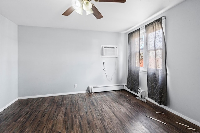 empty room featuring dark hardwood / wood-style floors, a wall unit AC, ceiling fan, and a baseboard radiator