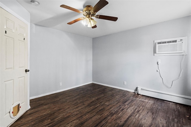 empty room featuring a wall mounted air conditioner, dark hardwood / wood-style flooring, a baseboard radiator, and ceiling fan