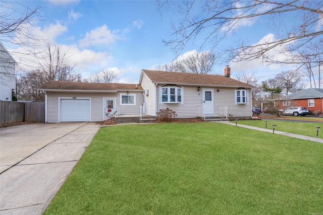 single story home featuring a front lawn and a garage