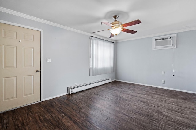 unfurnished room with ornamental molding, a wall unit AC, ceiling fan, dark wood-type flooring, and a baseboard radiator