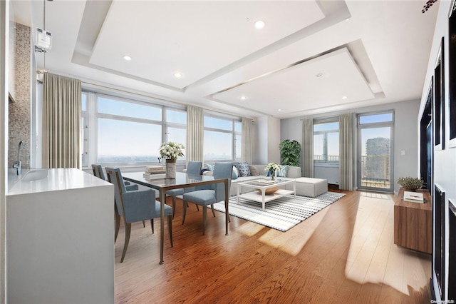 living room featuring light wood-type flooring, sink, and a tray ceiling