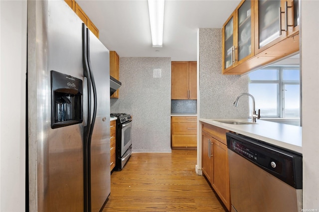 kitchen with sink, light wood-type flooring, range hood, tasteful backsplash, and stainless steel appliances