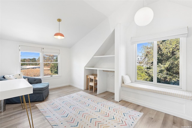 bedroom featuring light wood-type flooring and vaulted ceiling