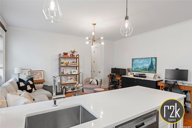 office area with wood-type flooring, a notable chandelier, crown molding, and sink