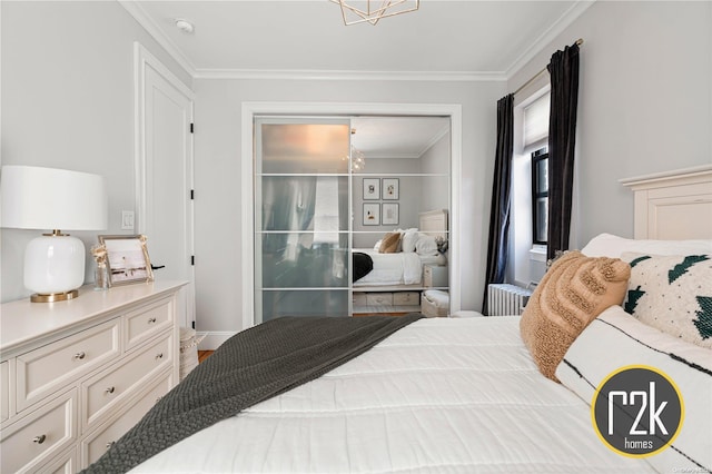 bedroom with radiator and ornamental molding