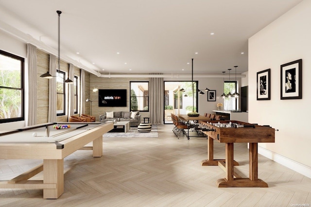 playroom with light parquet flooring and pool table