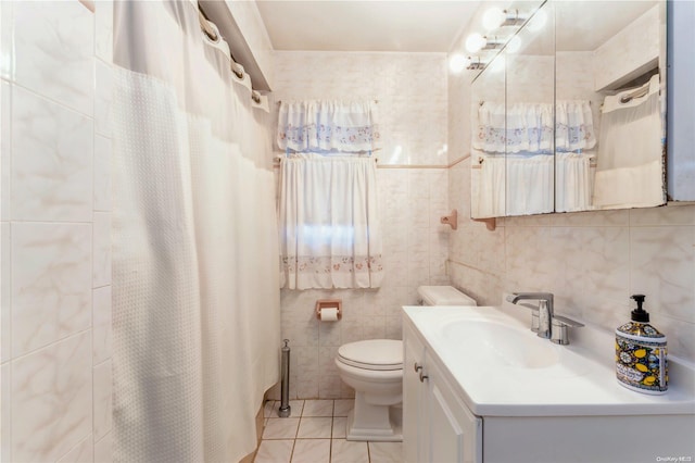 bathroom with tile patterned flooring, toilet, decorative backsplash, vanity, and tile walls