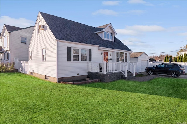 cape cod home with a garage, covered porch, an outdoor structure, and a front lawn