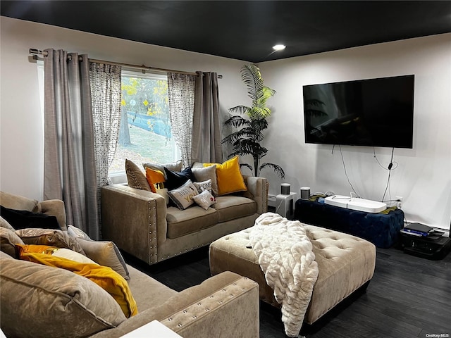 living room with dark hardwood / wood-style flooring