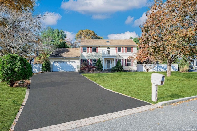 colonial inspired home with a garage, a balcony, and a front lawn