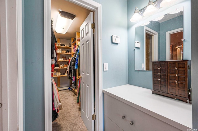 walk in closet featuring light colored carpet and a baseboard radiator