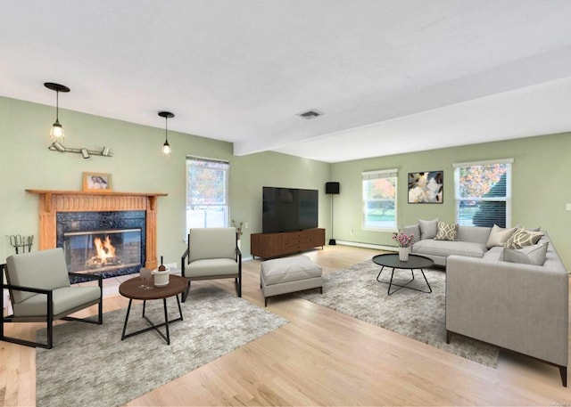 living area with visible vents, wood finished floors, a baseboard radiator, a premium fireplace, and baseboards