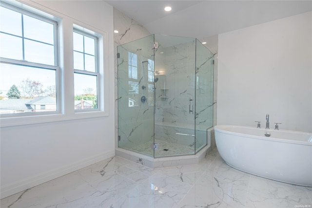 1956 Leonard Ln, Merrick, NY 11566 - full bath with baseboards, marble tiled flooring, a marble finish shower, a freestanding tub, and recessed lighting