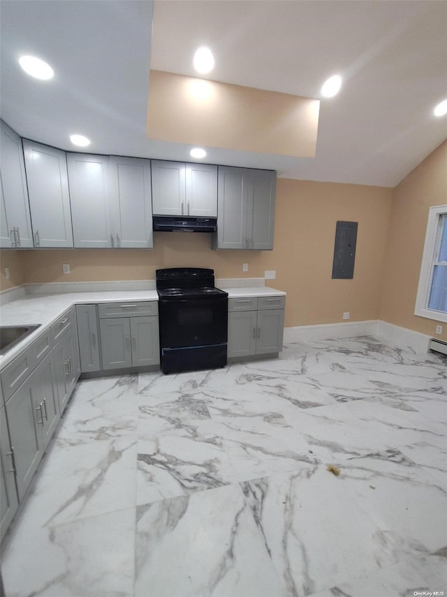 kitchen with black electric range, gray cabinetry, and sink