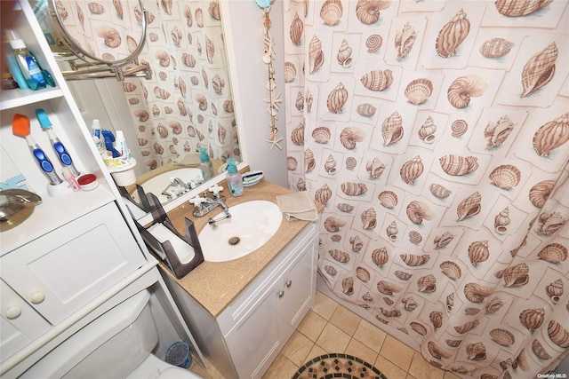 50 Rampasture Rd Unit 6, Hampton Bays, NY 11946 - full bath featuring vanity, tile patterned flooring, a shower with shower curtain, and toilet