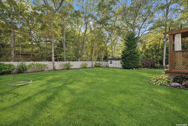 view of yard featuring a storage unit