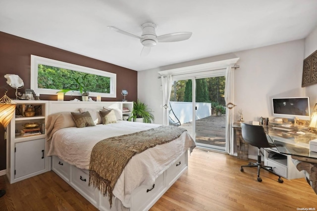 bedroom featuring access to exterior, light hardwood / wood-style flooring, and ceiling fan