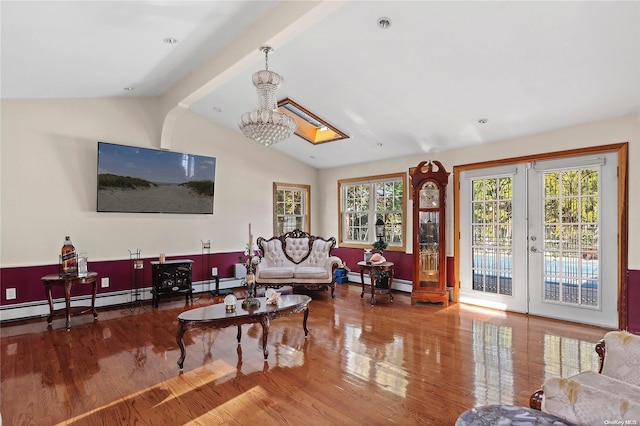 living room with french doors, a baseboard radiator, lofted ceiling with beams, a notable chandelier, and hardwood / wood-style flooring