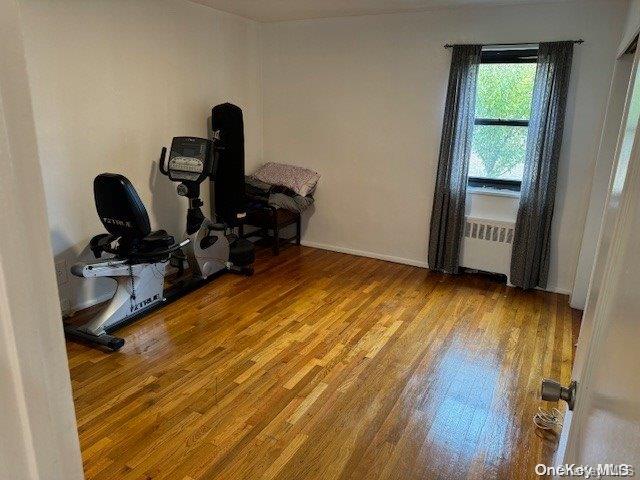 exercise area featuring hardwood / wood-style floors and radiator