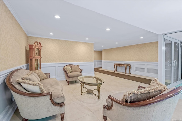 tiled living room featuring ornamental molding