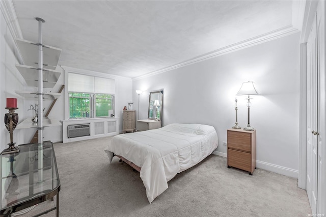 bedroom featuring a wall mounted air conditioner, light colored carpet, and crown molding