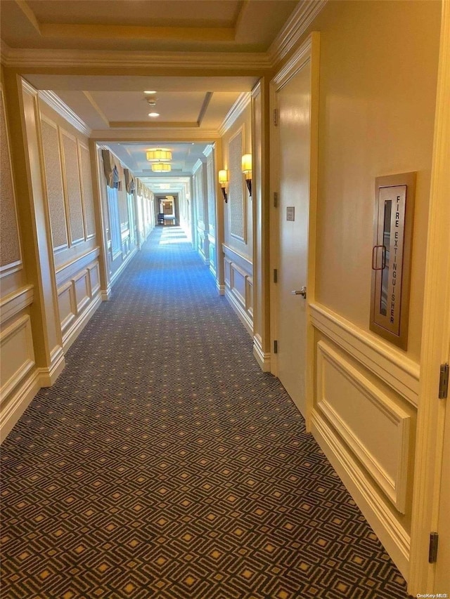 hall featuring carpet and ornamental molding