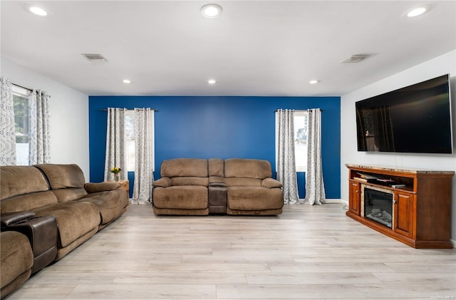 living room featuring light wood-type flooring and plenty of natural light