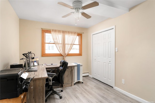 office with light wood-type flooring, a baseboard radiator, and ceiling fan