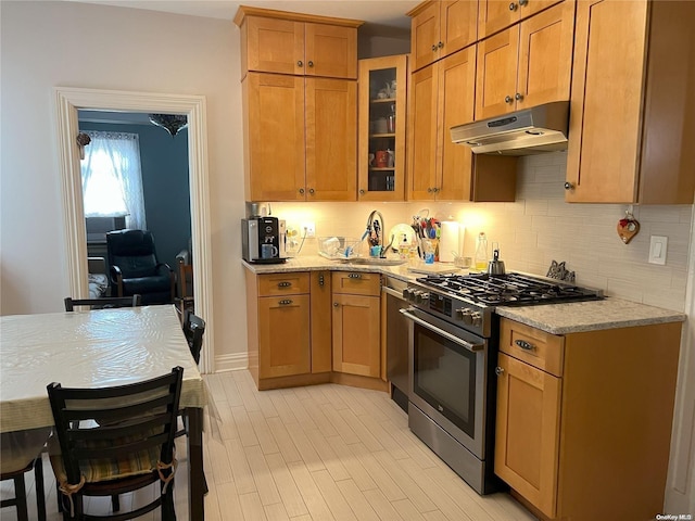 kitchen featuring tasteful backsplash, light stone countertops, sink, and stainless steel range with gas stovetop