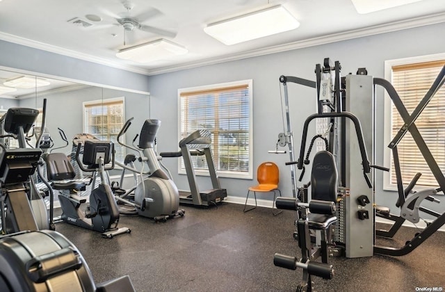 exercise room with ceiling fan and ornamental molding