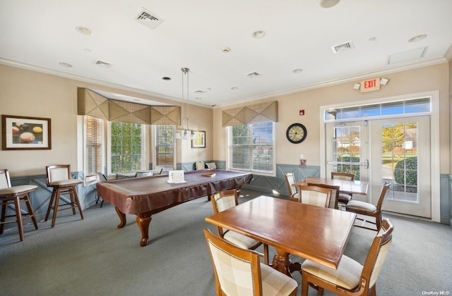 rec room with carpet, ornamental molding, and billiards