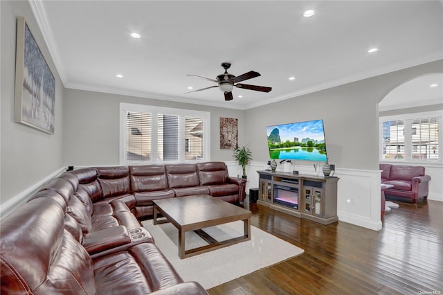 living room featuring ceiling fan, dark hardwood / wood-style flooring, and ornamental molding