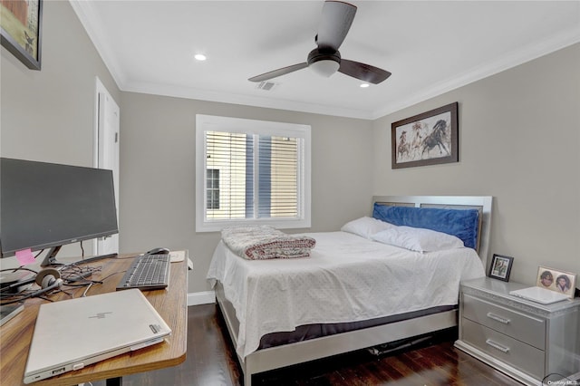 bedroom with ceiling fan, crown molding, and dark wood-type flooring