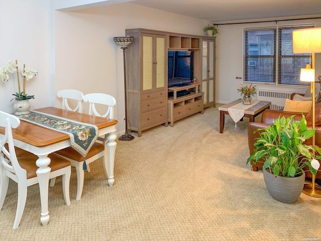 living room featuring light colored carpet and radiator heating unit