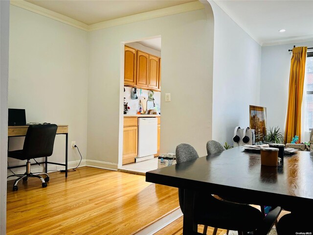 80-09 35th Ave Unit C16, Jackson Heights, NY 11372 - dining room featuring light wood finished floors, ornamental molding, baseboards, recessed lighting, and a desk