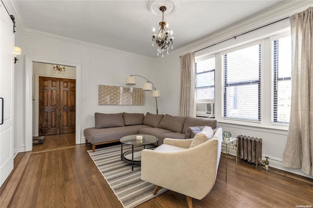 living room with a chandelier, radiator heating unit, crown molding, and dark wood-type flooring