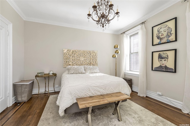 bedroom with ornamental molding, dark wood-type flooring, baseboard heating, and a chandelier