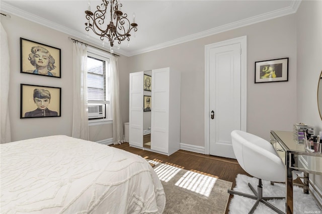 bedroom featuring a chandelier, cooling unit, dark wood-type flooring, and ornamental molding