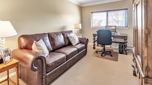 office space with light colored carpet and ornamental molding