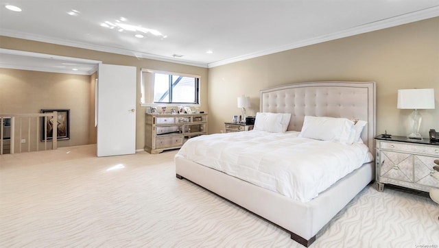 bedroom featuring carpet flooring and ornamental molding