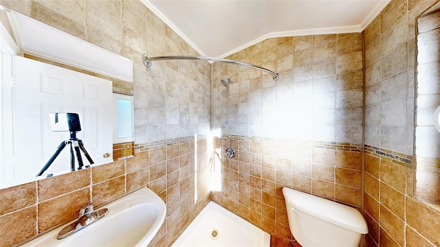 bathroom featuring lofted ceiling, toilet, tile walls, tiled shower, and sink